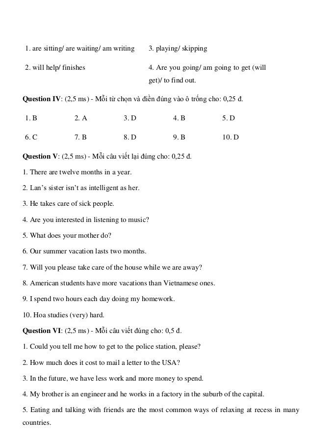 Hình ảnh đáp án câu 3, 4, 5 và 6 trong đề thi học sinh giỏi tiếng anh lớp 6 – Đề Số 1